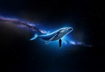 A whale swims through a starry night sky, its silhouette illuminated by a trail of light.