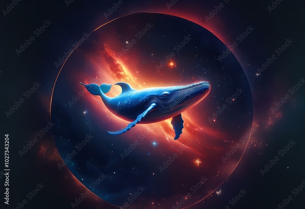 Poster a blue whale swims through space in a circle of light, surrounded by stars and a nebula.