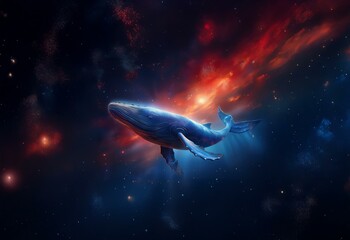 A blue whale swims through space with a red nebula in the background.