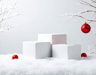 Snowy white cube pedestal in a festive winter scene. Light Christmas background for cosmetics and beauty product presentation