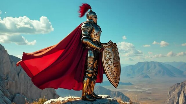 Knight in Full Armor Holding a Shield on a Mountaintop with Red Cape Flowing
