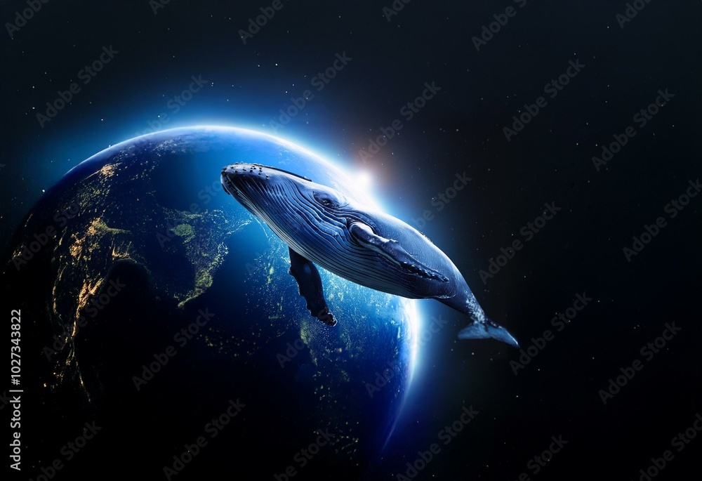 Poster a whale swims in space over a planet, illuminated by a bright light source.