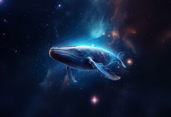 Fototapeta premium A glowing blue whale swims through the vast, starry expanse of space.