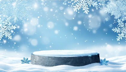 Stone pedestal in snowflakes falling winter background, perfect for winter product presentations. Made with Generative AI Technology