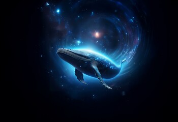 Fototapeta premium A whale swims through a starry, swirling galaxy with an ethereal glow.