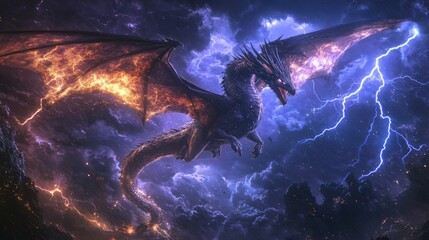 Obraz premium powerful dragon flying through a stormy sky filled with lightning