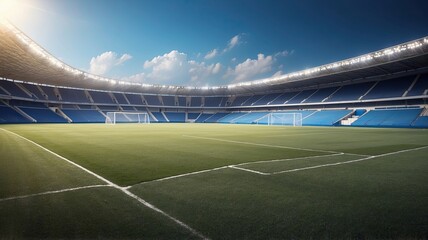 empty nobody soccer stadium  field with blue