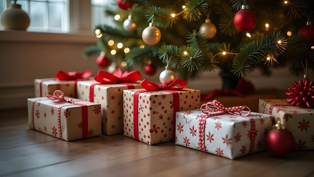 Delightful and Festive Christmas Gifts Nestled Beneath a Glowing Tree Ready to Celebrate