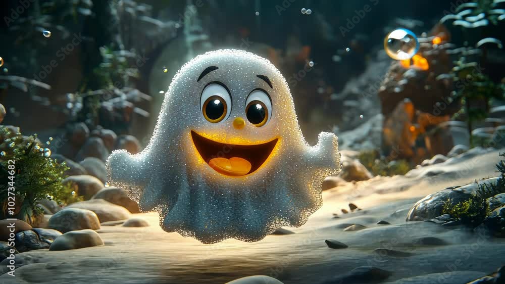 Poster an animated ghost happily wanders through a vibrant forest, surrounded by magical elements like spar