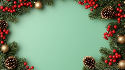Christmas Green Background with Pine Branches  Berries  Pine Cones  and Baubles
