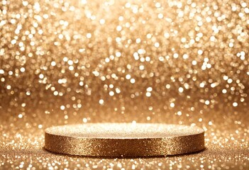Blank round golden podium in soft golden glitter background. Made with Generative AI Technology