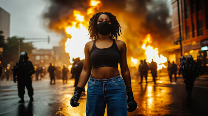Urban Protest for Social Justice: African American Woman Stands Strong Amidst Fire and Chaos, Police in Background, Demanding Equal Rights and End to Racism
