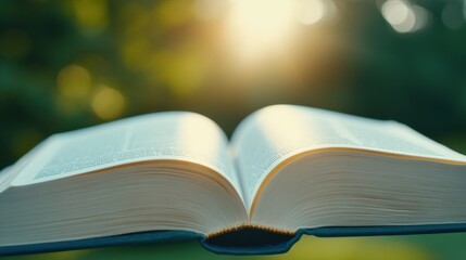 Open book basking in warm sunlight, inviting exploration and reflection, AI