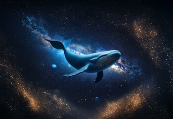 Fototapeta premium A blue whale swims through a starry night sky with a galaxy in the background.