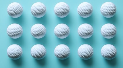 Neatly arranged golf balls in a light blue background, showcasing a symmetrical layout of white dimpled spheres in a clean and simple sports equipment composition.