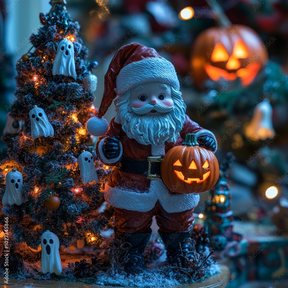 Poster Santa Claus figurine holding a jack-o-lantern with a Christmas tree decorated with ghosts in the background.