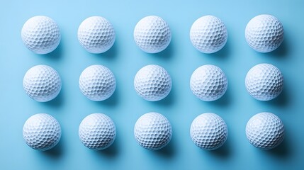 Neatly arranged golf balls in a light blue background, showcasing a symmetrical layout of white dimpled spheres in a clean and simple sports equipment composition.