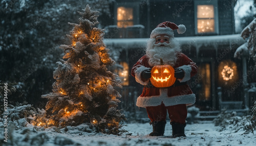 Canvas Prints Santa Claus holding a jack-o'-lantern in a snowy yard with a Christmas tree.