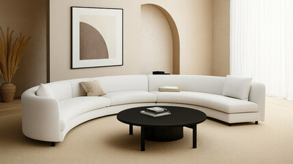 Boho-Inspired Modern Living Room with White Curved Sofa and Beige Carpet