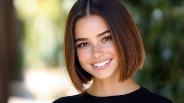 young woman with short hair bob and beautiful smile outdoors in a park
