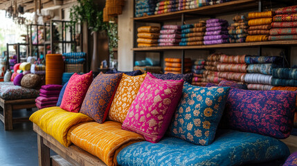 Fototapeta premium Vibrant Display of Chunri Cushions and Home Decor in a Cozy Store Setting, Featuring Assorted Patterned and Colorful Cushions on Wooden Benches, Perfect for Bohemian and Ethnic Home Styling
