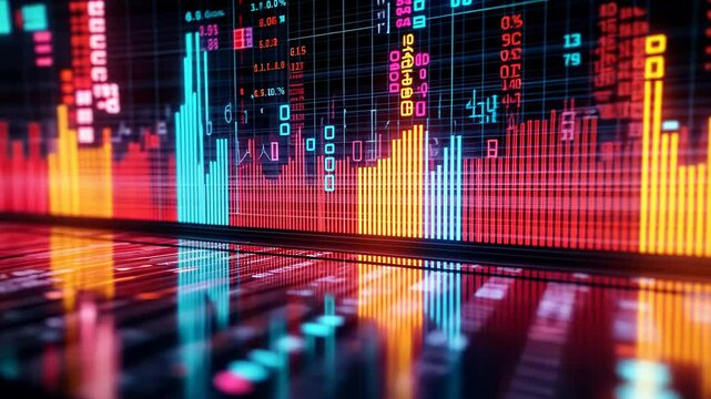 Explore the vibrant representation of market trends and analytics, highlighting data fluctuations in a modern financial setting