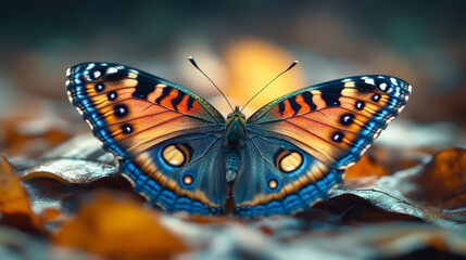 Obraz premium Vibrant Buckeye Butterfly Resting on Autumn Leaves in a Tranquil Setting, Showcasing Stunning Wing Patterns and Colors