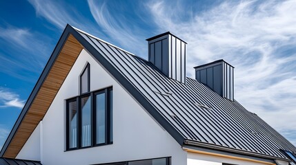 Architectural photography of a modern house roof detail with white wall exterior and metal roofing, emphasizing crisp lines and geometric shapes under outdoor lighting.