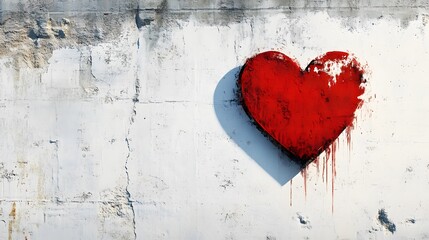 Red heart graffiti on a white wall background, representing urban street art with spray paint texture, contrasting colors, and a romantic symbol in a minimalist design.