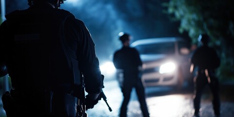 Night scene with policemen standing vigilantly near a car during a patrol, showcasing the intensity and seriousness of law enforcement under night lights and shadows.