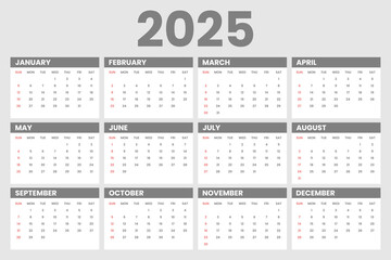 Calendar 2025 Pages Monthly Calendar Planner Templates in minimal style. Vector pages for wall or desk minimalist calendar with week start on Sunday