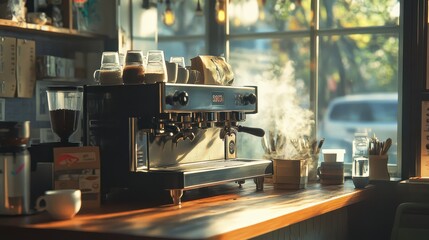 Cozy cafe scene with a vintage espresso machine in soft morning light, capturing the essence of a peaceful coffee shop atmosphere.