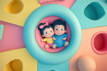 Fototapeta premium Cute cartoon babies in matching outfits resting on a colorful puzzle mat, surrounded by playful shapes and bright colors.