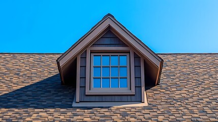 Obraz premium Brown shingle roof featuring a dormer vent, showcasing geometric shapes and weathered asphalt shingles under a clear blue sky for an architectural detail view.