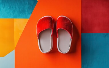 Soft slippers paired with loungewear, featured against a geometric background with playful, bold colors, perfect for a modern lifestyle photoshoot