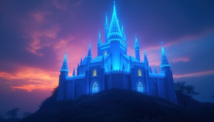 Fototapeta premium A sci-fi castle with glowing wireframe architecture against a dark sky