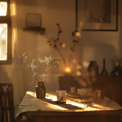 Cozy Morning Sunlight in Rustic Home Interior