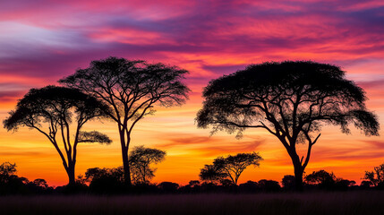 Silhouette of Trees Against a Vibrant Sunset Sky