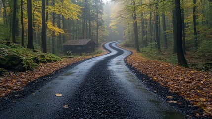 Fototapeta premium A winding road through a misty forest with autumn foliage and a small cabin.