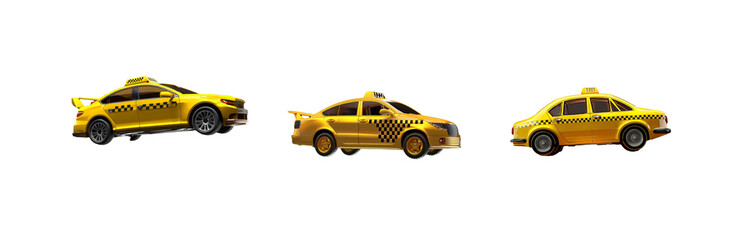 Obraz premium Three yellow cabs are shown against a black and white background, angled in different directions.