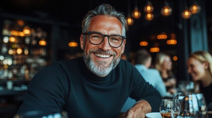A smiling bearded man enjoys drinks with friends at a cozy restaurant during evening hours