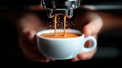 Fototapeta premium Brewing espresso in a white cup with rich crema at a coffee shop during morning hours