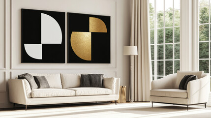 Bold Abstract Gold Leaf Poster Over Sofa in Modern Living Room with Cream Textures and Harmonious Atmosphere