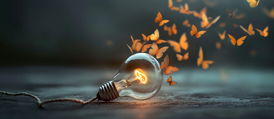 Fototapeta premium A Glowing Bulb Surrounded by Butterflies in Flight