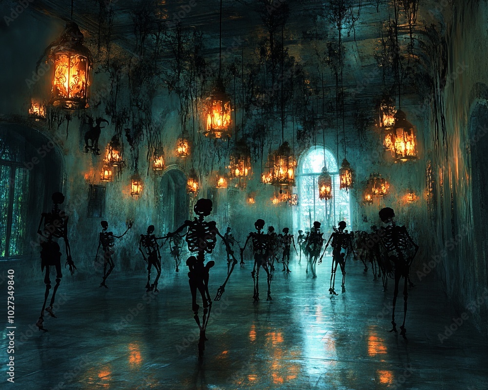 Wall mural Skeletons dance in a dimly lit ballroom with flickering lanterns and a large window in the back.