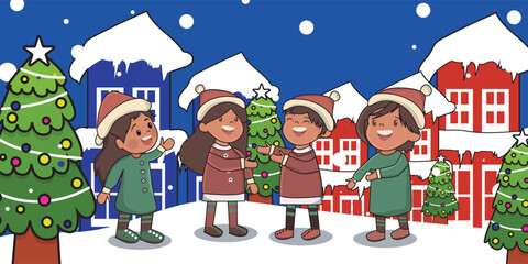 Flat illustration of children wearing Christmas sweaters, wearing red hats and shoes. greet each other and happily welcome winter and Christmas Day, December 25, New Year.