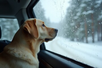 Labrador retriever looking out car window on snowy winter day