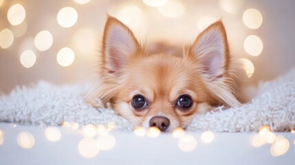 Chihuahua resting on a fluffy blanket with soft bokeh lights in the background, AI