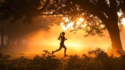 Fototapeta premium A woman running in the woods at sunrise.