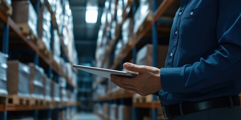 A man stands in a neat warehouse aisle with a tablet, symbolizing modern inventory management and the efficient organization of goods using technology in a corporate setting.